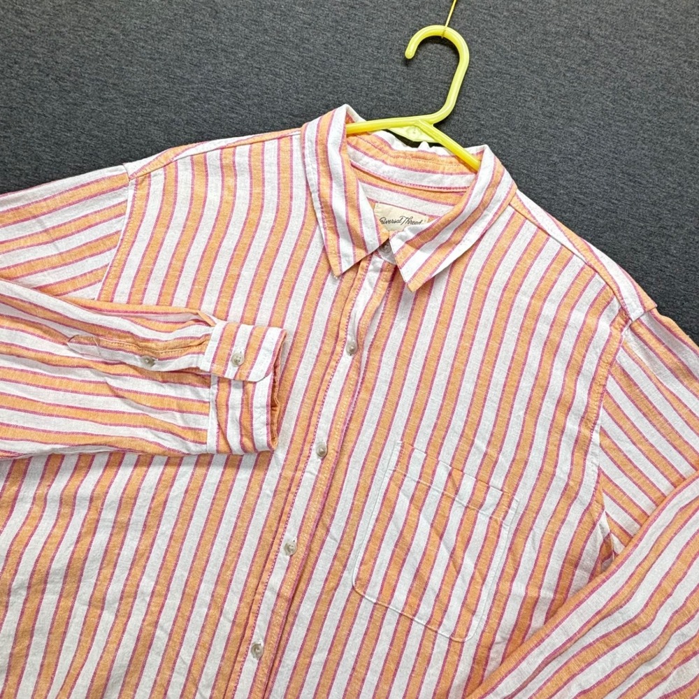 Universal Thread Shirt Womens L Striped Linen Blend Long Sleeve Orange Pink